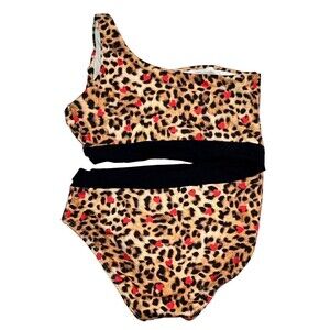 NWT Submarine Swim Girls Heart Cheetah One Shoulder Cutout Bathing Suit 14